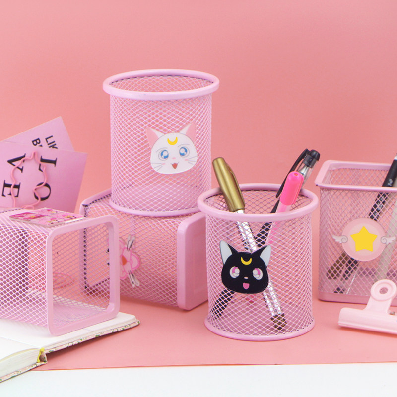 Small Freshener Pink Round Mesh Student Pen Holder Creative Fashion Pendulum pen barrel Office Desktop stationery containing cylinder