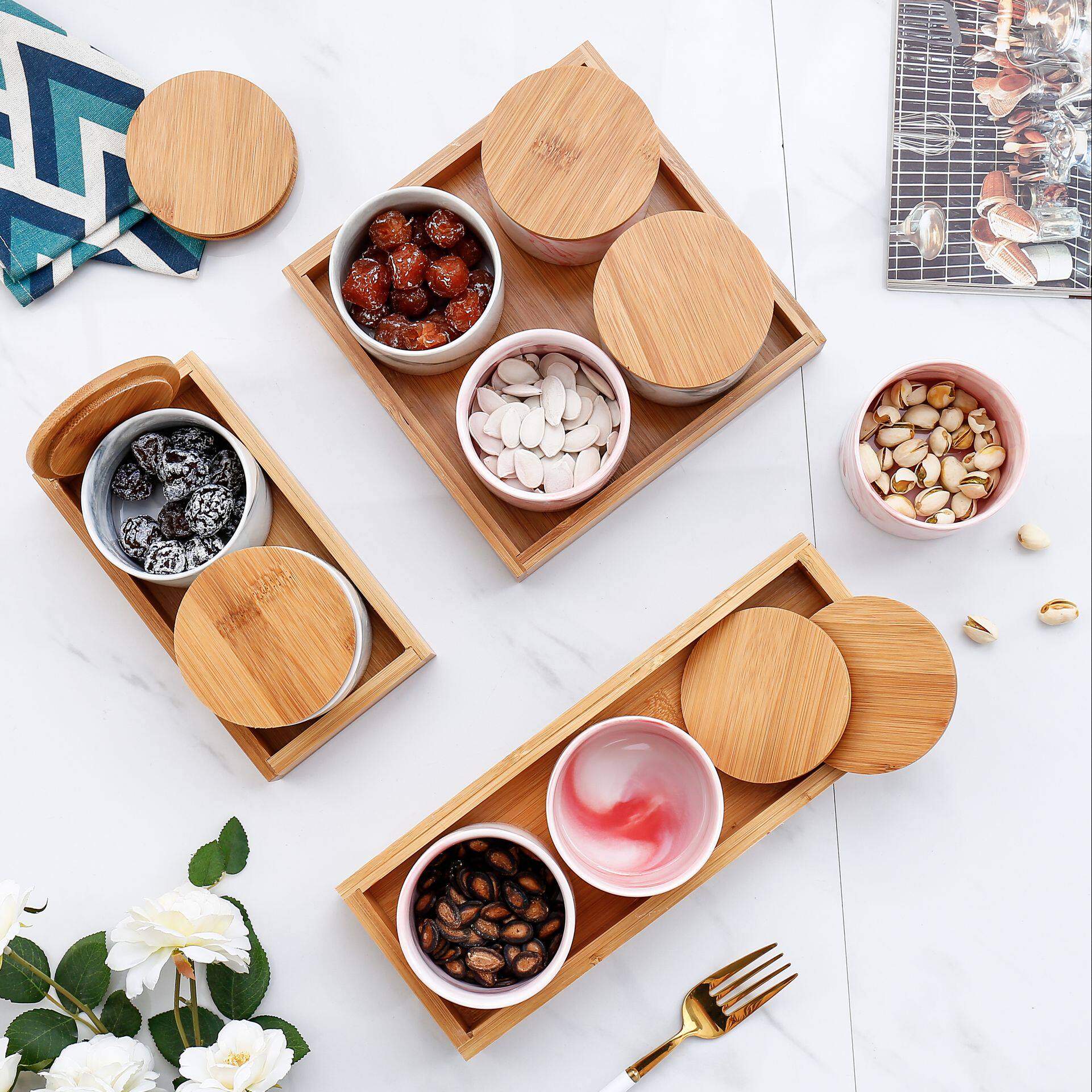 Nordic Wind Creative Ceramic Sub-Lattice Fruit Pan Stone Grain Snacks Pan Dried Fruit Pan Nut Tray Home Sauce Pan Snack Pan