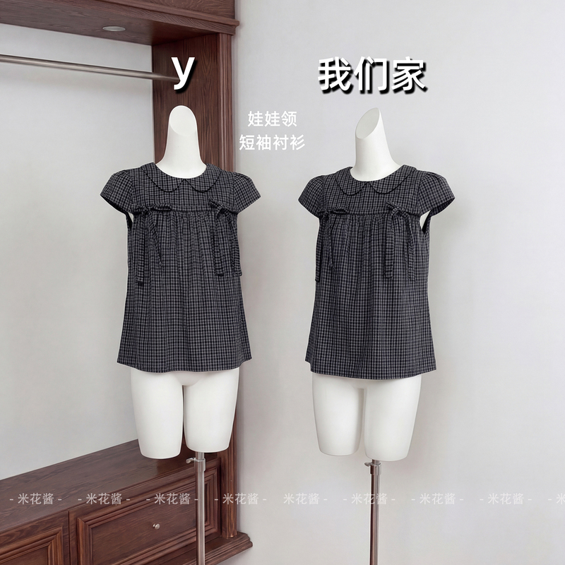 Mi Hua Jiang Doll Collar Plaid Tie Short Sleeve Shirt for Women, Summer Loose Casual Slimming Doll Blouse Top