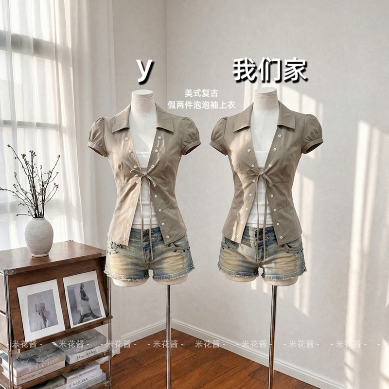 Retro-Style Tie-Up Puff Sleeve Shirt for Women, Summer Korean-Style Collared Waist-Cinching Slim-Fit Short Top