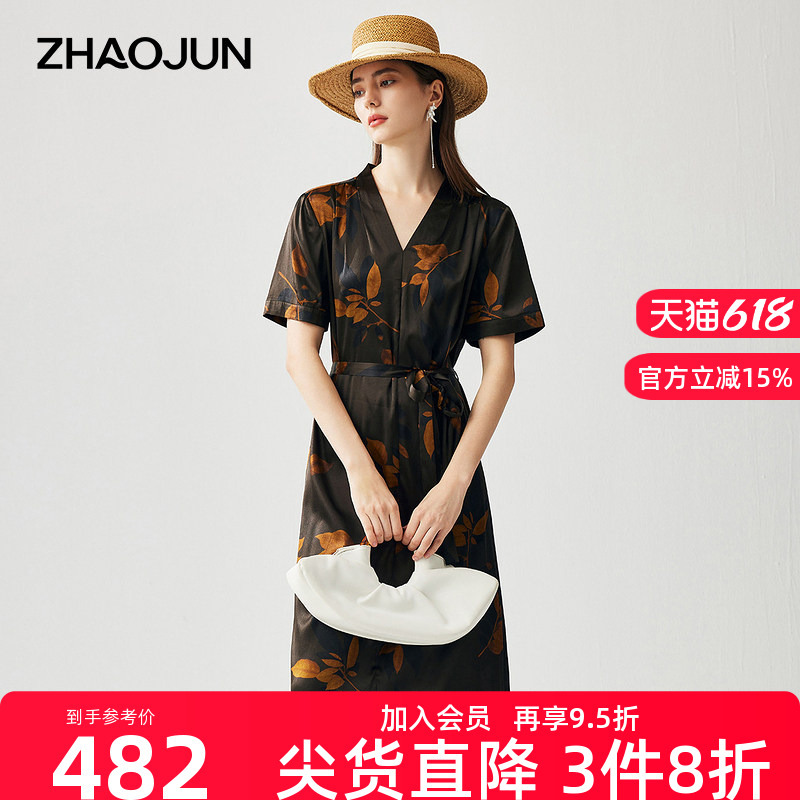Zhaojun Spring and Summer Mulberry Silk New Elegant Printed Dress Women's Short Sleeve Waist-Tie Elastic Satin Dress
