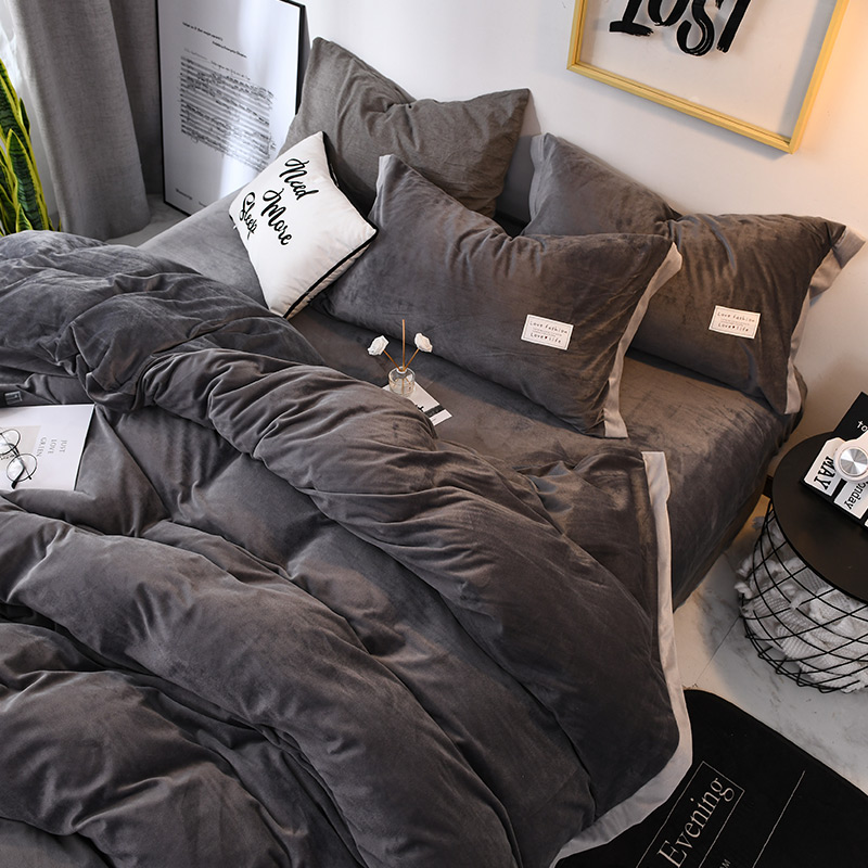 Four sets of suede-side suede minimalist short suede men's coral suede plus suede thickened winter season plush bed cover grey