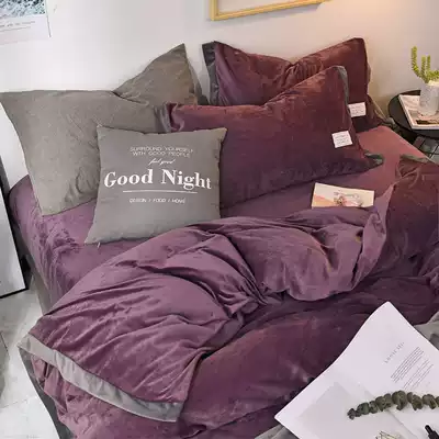 Golden velvet bed four-piece set thickened coral velvet plus velvet bed sheet cover Plush duvet cover double-sided plus velvet purple