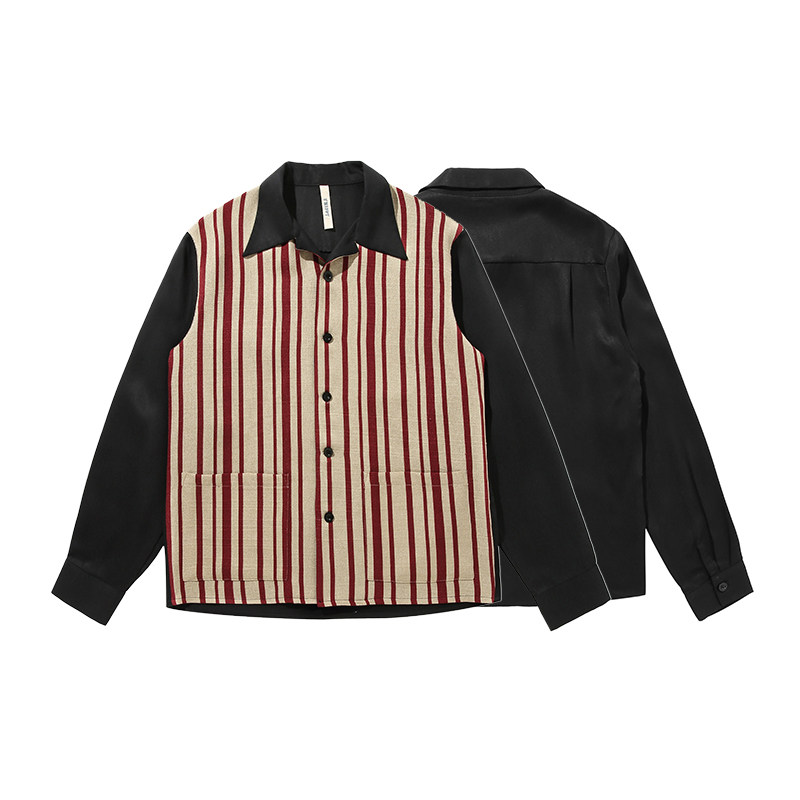 TRIPPY genuine silk feeling heavy sand washed cotton splice striped flax American retro Cuban collar Long sleeves shirt