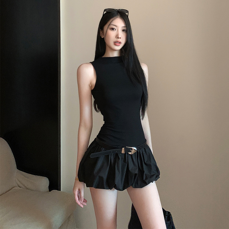 Hot Girl Slim-Fit Sleeveless Vest Black A-Line Dress Women's Summer Short Design Backless Floral Puff Skirt