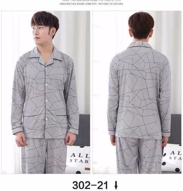 Đồ ngủ nam cực nam cotton dài tay màu xanh trung niên mùa thu mỏng đồ ngủ nam cotton giản dị phục vụ nhà phù hợp pijama nữ