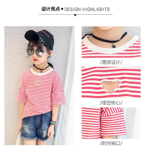 Áo thun nữ mùa hè 2018 mới phiên bản Hàn Quốc của bé trai áo thun ngắn tay 9-11 tuổi cotton sọc nửa tay