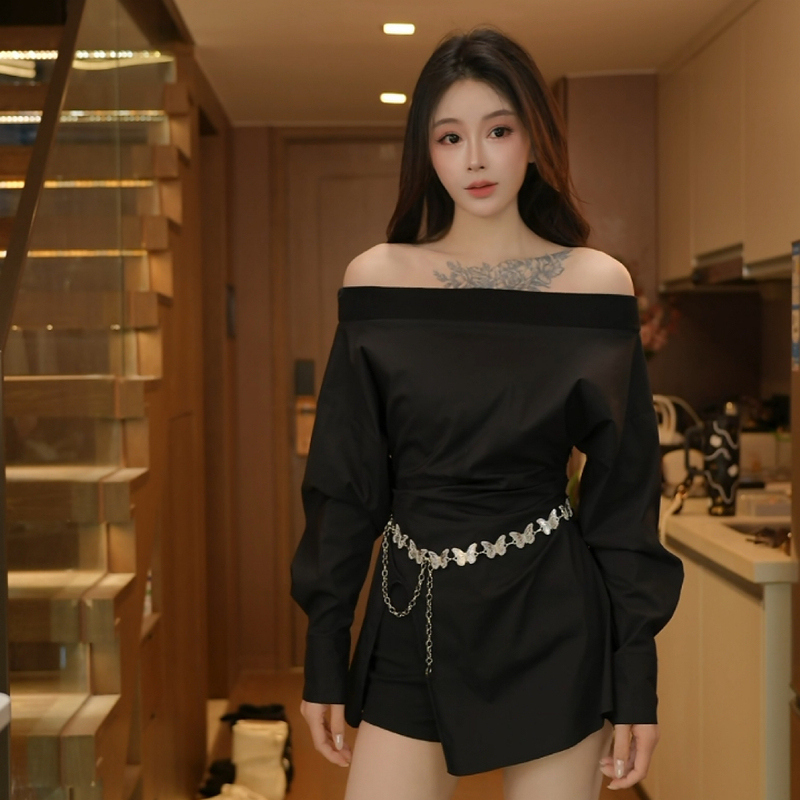 Leilei【Dark Night Flow】 One-Shoulder Shirt, Off-Shoulder Top, Cool Girl Shirt Dress 88292