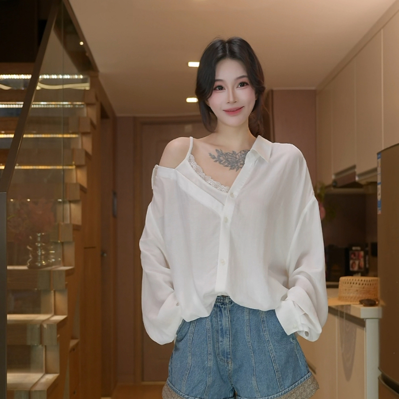 Leilei【Long and Pleasant】 Fake Two-Piece Shirt Lace Splicing Off-Shoulder Slimming Shirt 88380