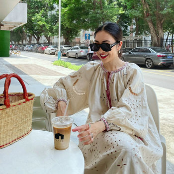 European and American style high-end embroidery crocheted hollow dress women's summer new elegant temperament loose cotton and linen long skirt