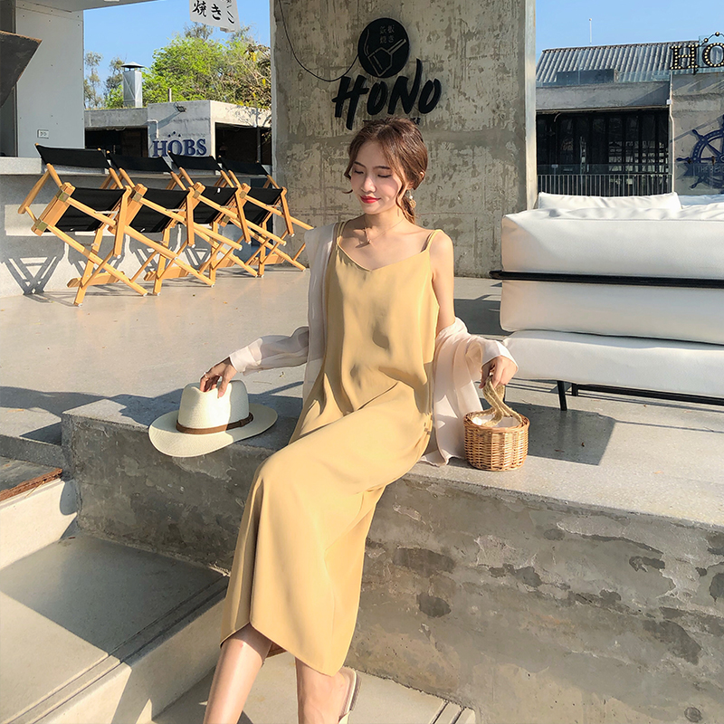 2022 Summer new holiday Wind hanging band Skirt Cross Design Sensation Foreign Dress Sleeveless Vest Over Kneecap Long Skirt