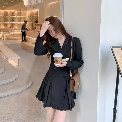 HELLOKAY spring new waist slim dress vneck dress double-breasted temperament commuter small black skirt