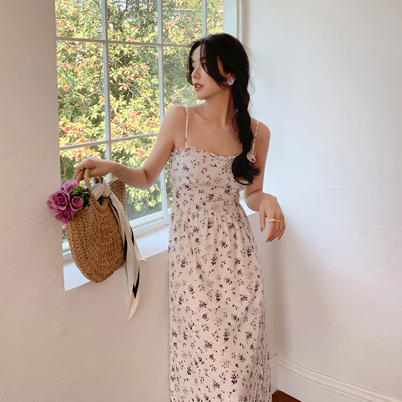 Small crowdbreaking floriation style retro pendant with skirt woman Summer temperament Side open fork Sleeveless Seaside Resort Ocean Dress