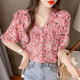 Real shot 2022 V-neck floral chiffon shirt women's short-sleeved shirt summer new Korean version slim and versatile fungus