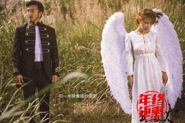 Wedding Celebration Adult Wedding Dress Photo Prop Angel Feather Wings Advertising Creative Writing Real Model Great Number Couple Photo