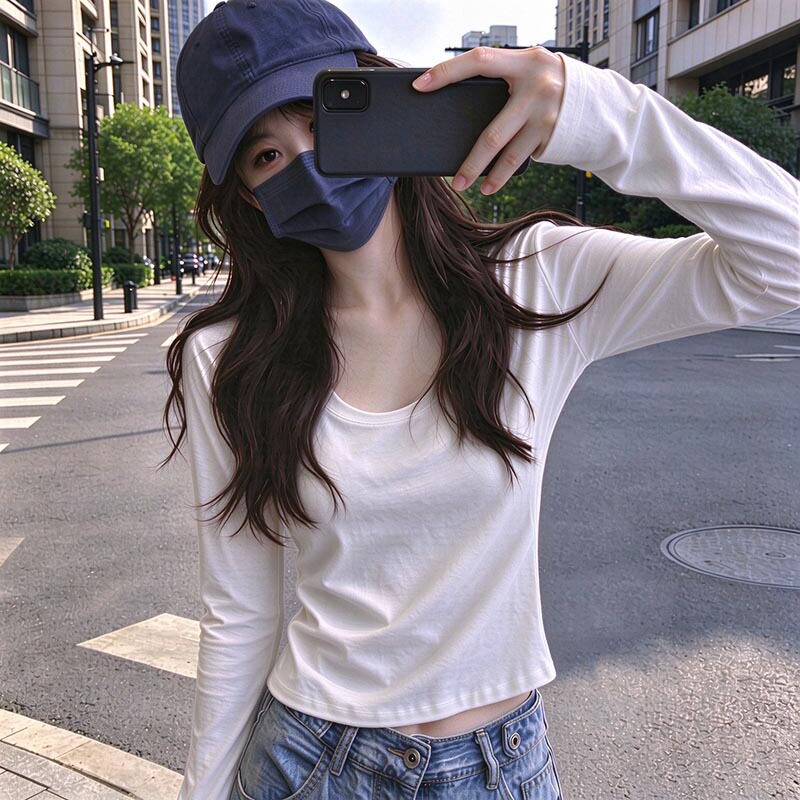 Korean Style Petite White Short T-Shirt for Women, Long-Sleeved, High-Waisted, Cropped, Slim-Fit, Regular Shoulder, Pure Cotton Solid Color Base Shirt