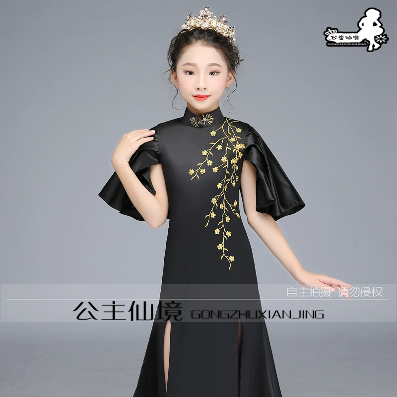 Trẻ em màu đen mới thêu Trung Quốc váy cô gái sườn xám váy cô gái trình diễn sân khấu T sân khấu catwalk quần áo