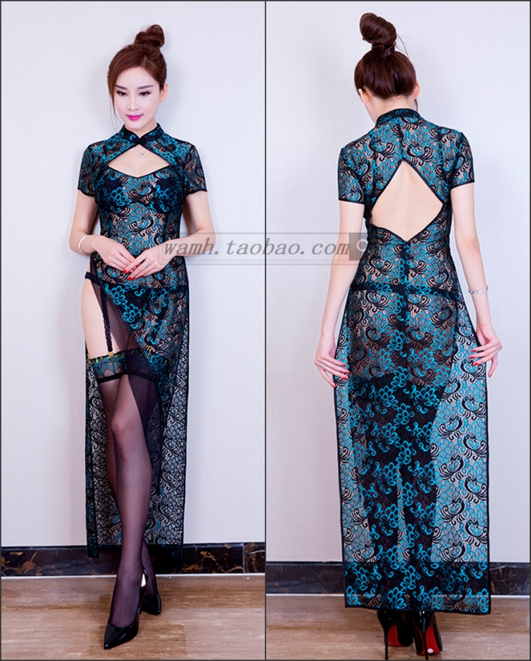 Sexy retro ren tạp dề vài đồ lót phụ nữ phối cảnh sườn xám đồng phục con công vớ lụa đồ ngủ lụa