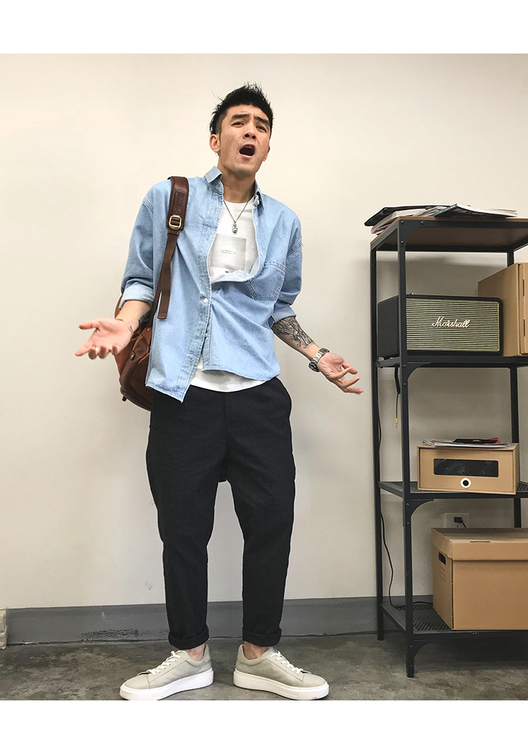 Xu Tailang Mùa xuân và hè mới in cùng một đoạn sơ mi denim nhẹ thương hiệu thời trang đường phố nam buông tha áo dài tay - Áo áo dài tay phồng