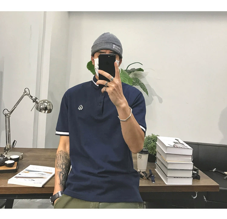 ALANG Summer Solid Tide Thương hiệu Áo thêu POLO nam Chất lượng cao Nhật Bản Vintage Slim Lapel Paul ngắn tay