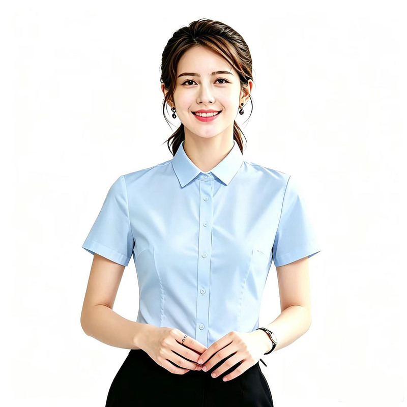 Summer Bamboo Fiber Stretch Blue Short-Sleeve Shirt Workwear Professional Office Company Formal Wear Women's Interview Work Shirt Summer Bamboo Fiber Stretch Blue Short-Sleeve Shirt Workwear Professional Office Company Formal Wear Women's Interview Work Shirt