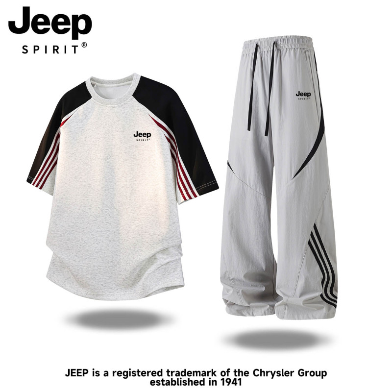 Jeep Striped Short-Sleeved T-Shirt Set for Men, Summer 2026 New Versatile Casual Sports Top and Long Pants Two-Piece Set