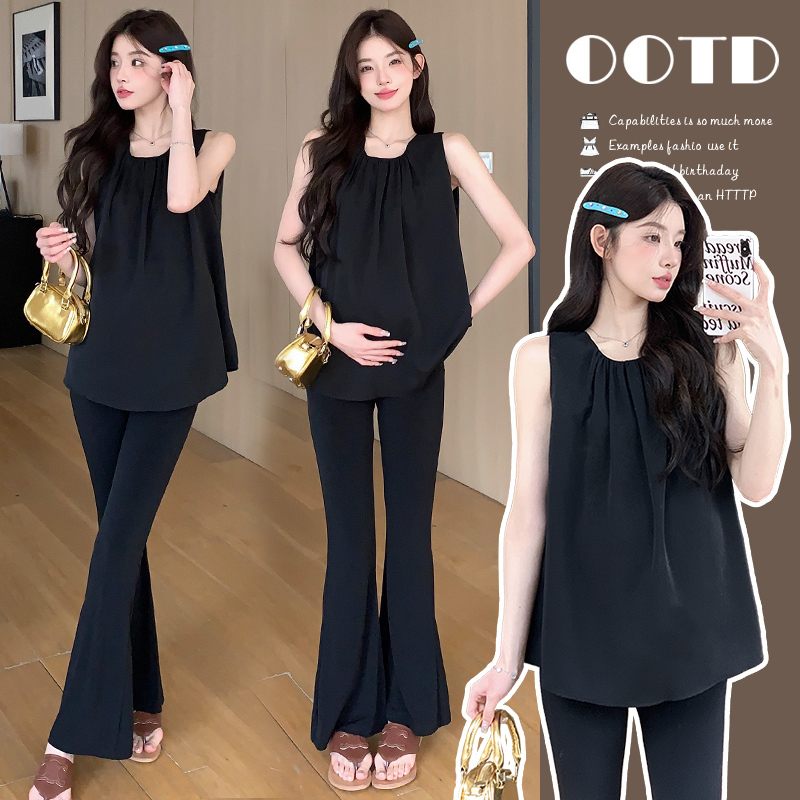 Maternity Summer Outfit 2026 New Style High-End Lazy Style Black Top Two-Piece Set with Flared Pants for Summer Maternity Summer Outfit 2026 New Style High-End Lazy Style Black Top Two-Piece Set with Flared Pants for Summer