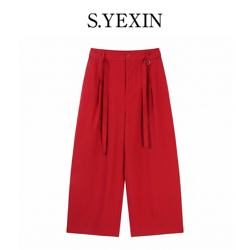 Syein【Xu Bai Ge】High-Waisted Wide-Leg Casual Pants with Ribbon Decoration for Women, New Summer Style Relaxed Straight Pants
