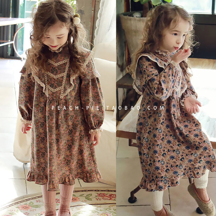 Clear bin spot {Peach pie} South Korean children's clothing 2020 Winter lotus leaf side girl retro crummy dress 231