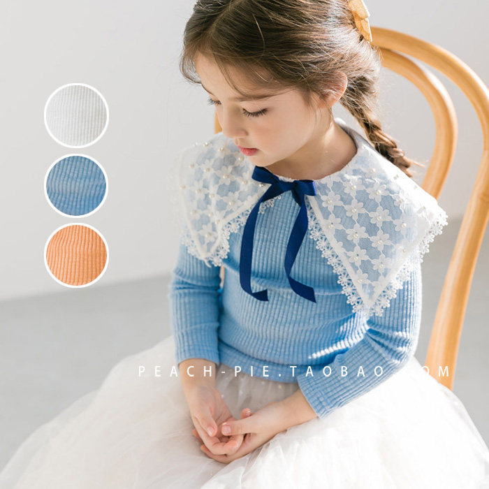 Special price spot {Peach pie} South Korean children's clothing 2021 Spring Exaggerated Lace collar girl sashimi t-shirt 111