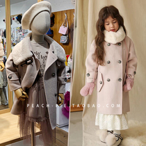  Clearance spot{Peach pie}Korean childrens clothing 2020 winter temperament wool collar girls double-breasted coat 335