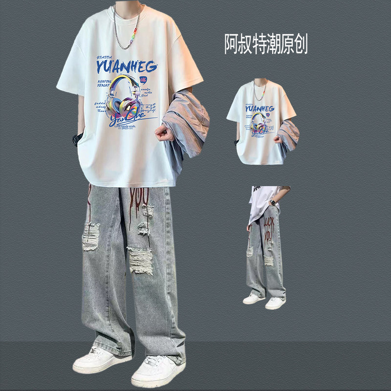 2026 Summer Short-Sleeved Suit for Young Men, Trendy T-Shirt Paired with Stylish Ripped Jeans, Two-Piece Set That Attracts Attention 2026 Summer Short-Sleeved Suit for Young Men, Trendy T-Shirt Paired with Stylish Ripped Jeans, Two-Piece Set That Attracts Attention