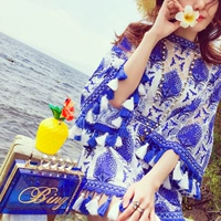 Mùa hè mới lưới in đầm đi biển ngắn ngày đi biển kèn tay áo tua rua eo cao rộng chân jumpsuit phụ nữ - Sản phẩm HOT váy lụa cao cấp