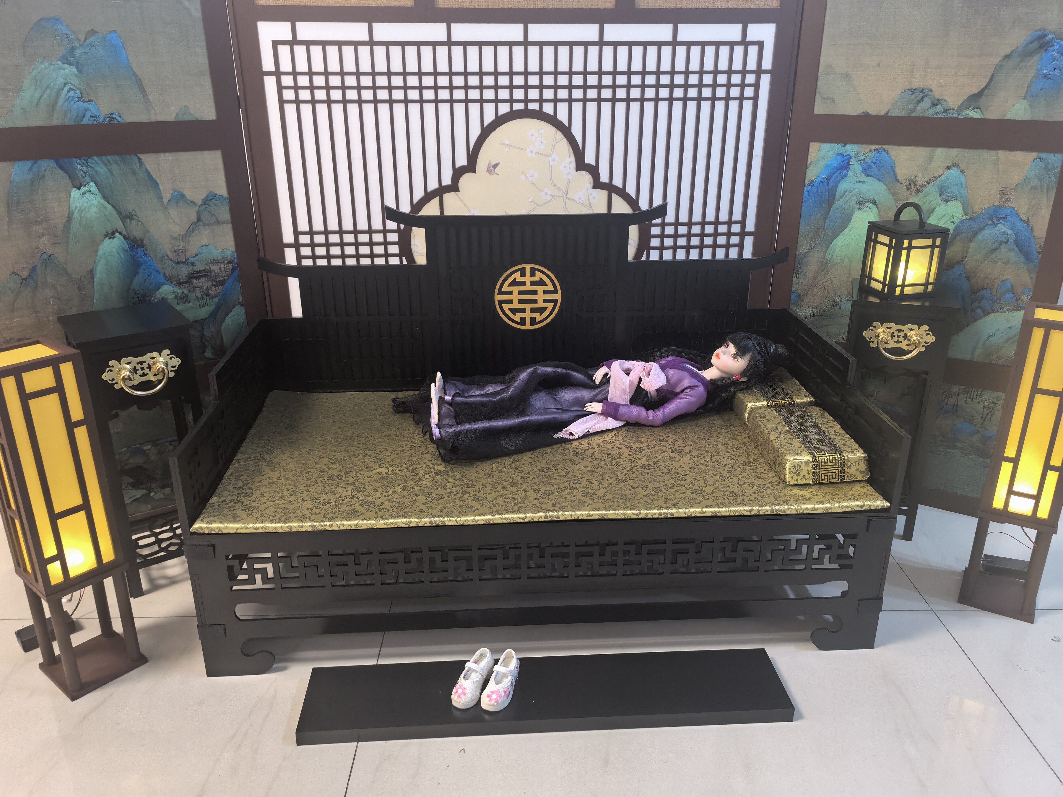 bjd场景道具娃屋 三分四分娃大叔古风床 bjd罗汉床 叔体床榻 4分bjd娃用古风家具