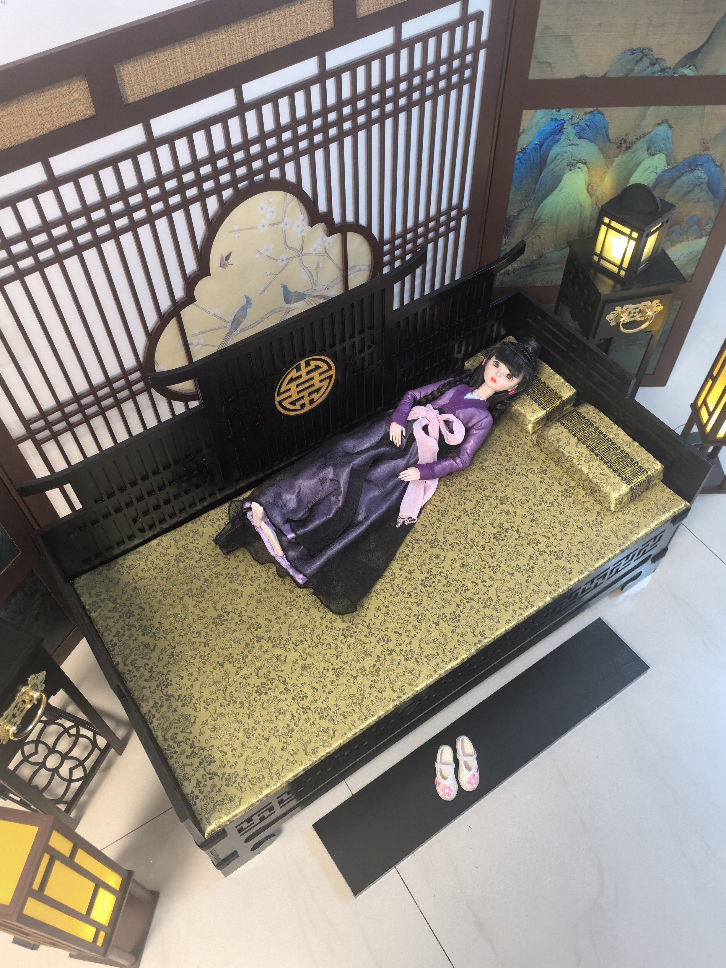 bjd场景道具娃屋 三分四分娃大叔古风床 bjd罗汉床 叔体床榻 4分bjd娃用古风家具