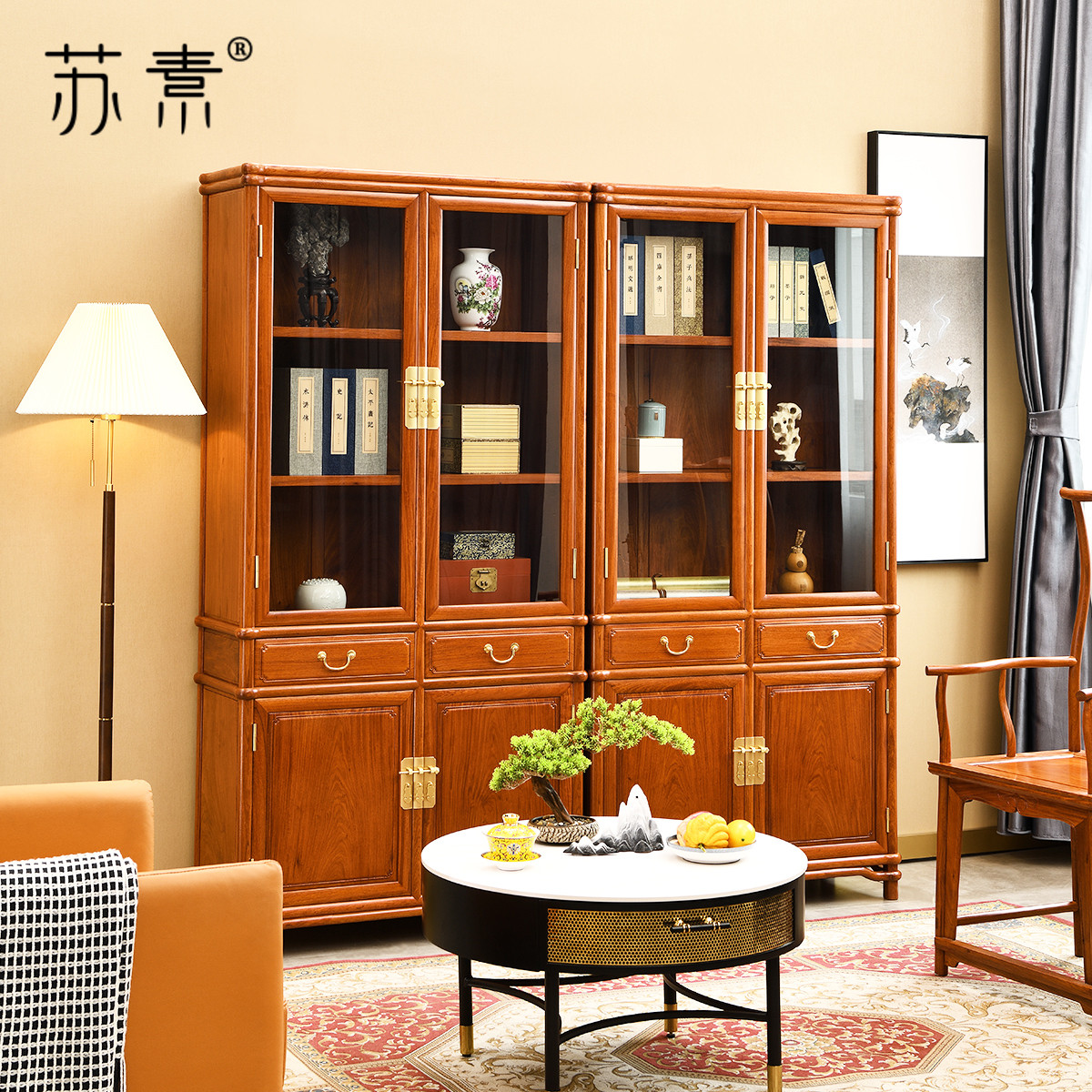 Su Su Ming furniture-style Redwood Book Storage New Chinese Huang Pearl Book Cabinet Ming-style library shelves