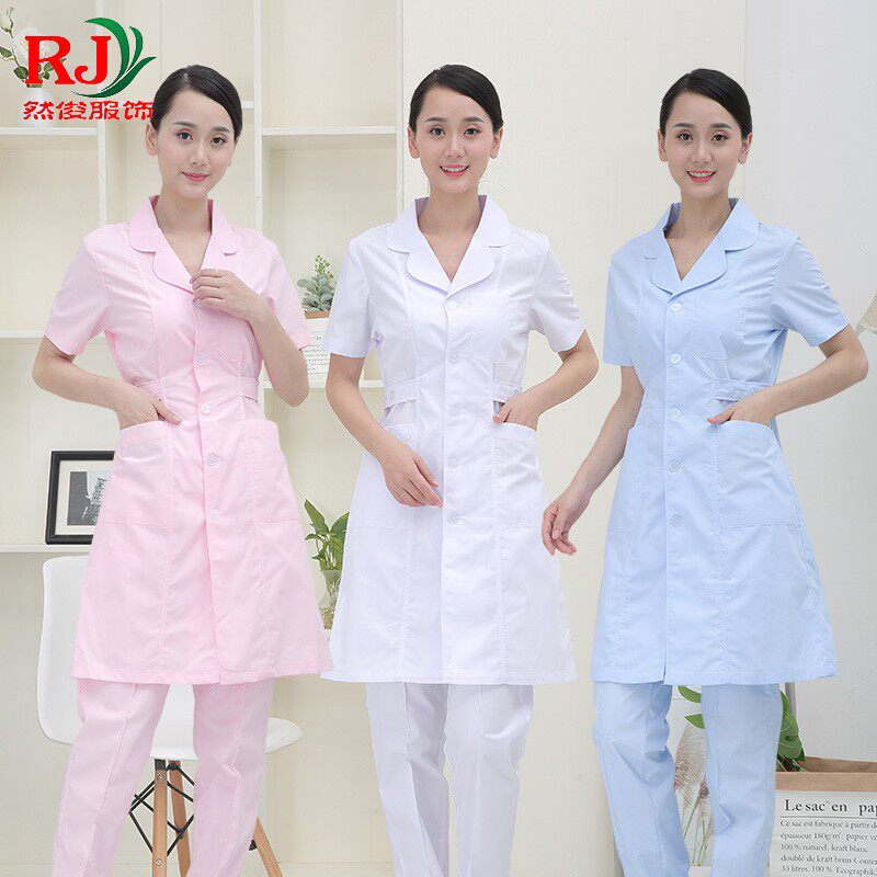 Nurse serving short sleeves white large coat with upper and lower round neckline for woman doctor's clothing beauty salon clothes beauty salon workwear