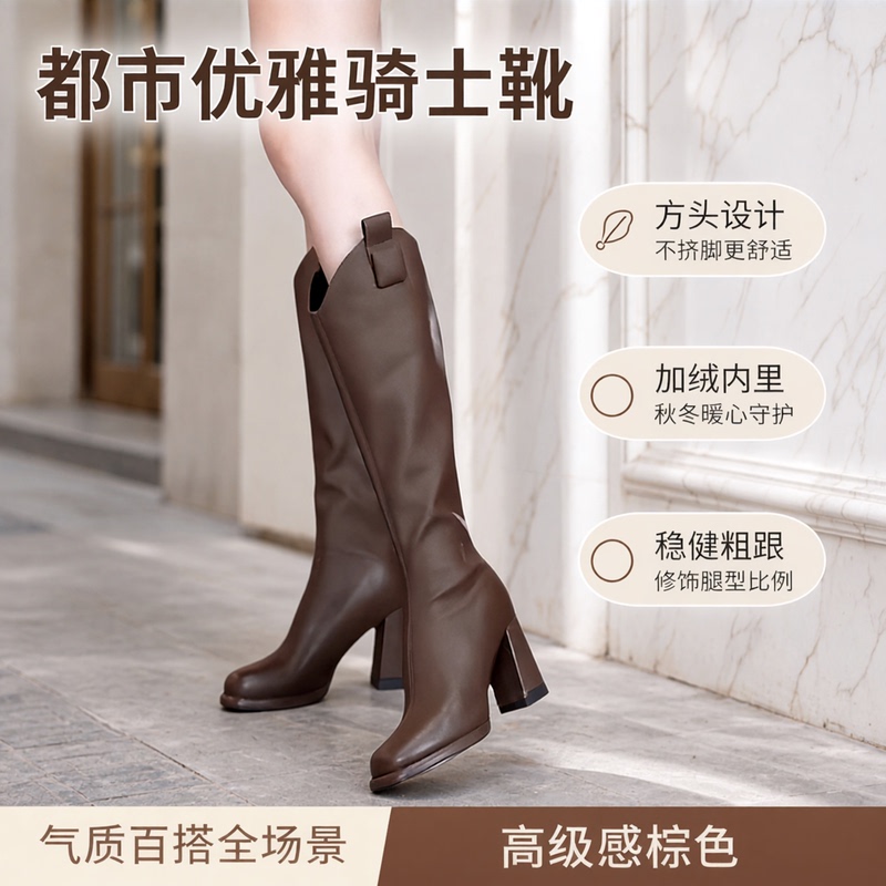 Korean Style Brown High-End Square-Toe High-Top Riding Boots with Fleece Lining, New Autumn and Winter Thick-Heeled Elegant Long High-Heeled Boots for Women Korean Style Brown High-End Square-Toe High-Top Riding Boots with Fleece Lining, New Autumn and Winter Thick-Heeled Elegant Long High-Heeled Boots for Women