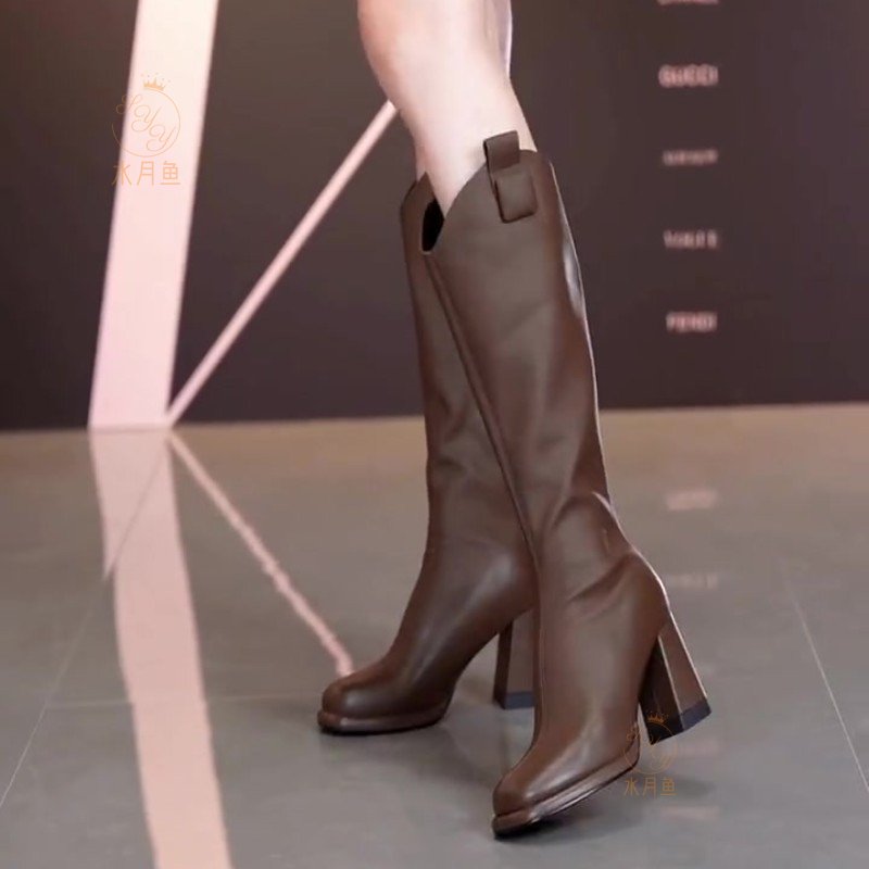Korean Style Brown High-End Square-Toe High-Top Riding Boots with Fleece Lining, New Autumn and Winter Thick-Heeled Elegant Long High-Heeled Boots for Women