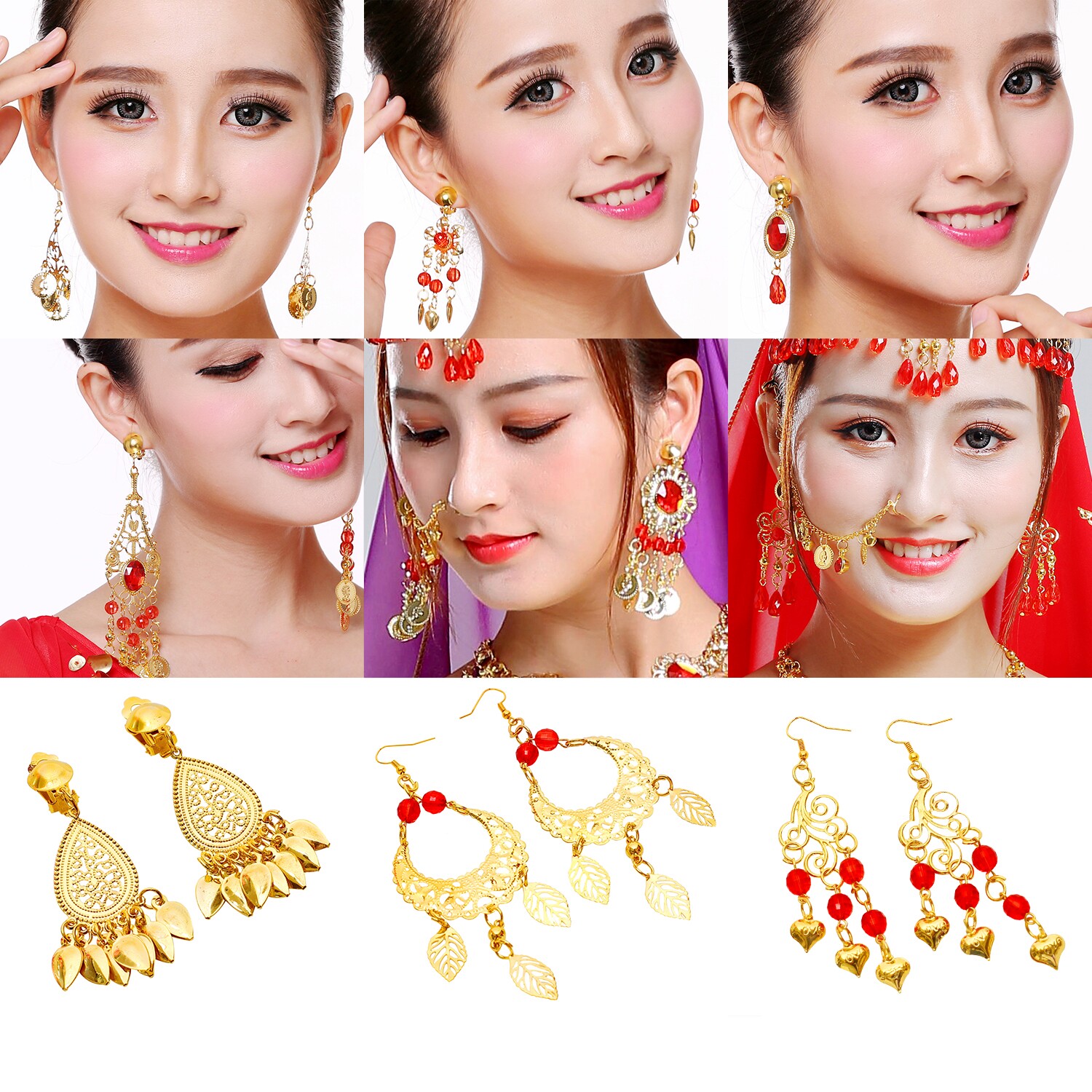 Belly Leather Dance Adult Red Pearl Folk Dance Performance Ear Clip Accessories Indian Stage Table Performance Hook-Ear Pendant