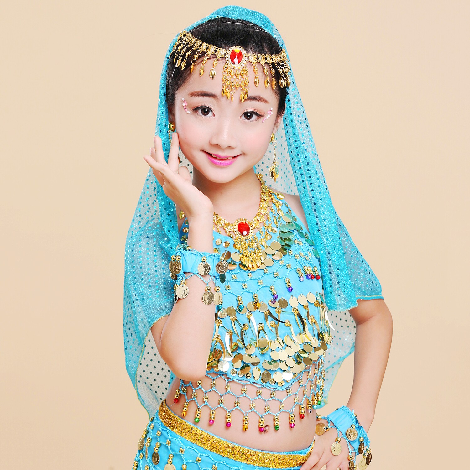 61 children's belly leather dance nail sleeve necklace headscarf head yarn headwear earrings Indian dance Costume Accessories