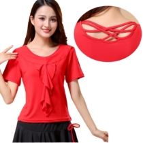 Square dance outfit New short sleeve dancing clothes Morden Dance suit Wood ear blouses Dance Dress Rehearswear for adult women