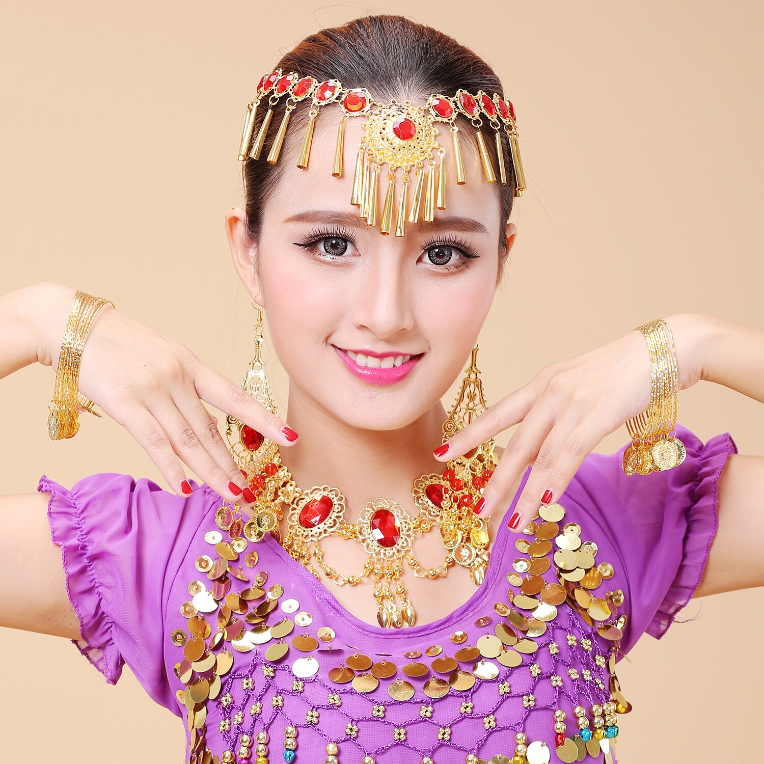New Indian dance accessories Stage Table Performance Belly Leather Dance Three Diamond Necklace Earrings Handring Headwear