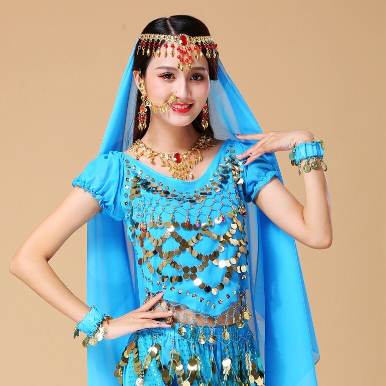 Belly Leather Dance Red Pearl Necklace Earrings Pendant Hand-made Nose Chain India Stage Table Performance Headwear Head Yarn Towel Accessories