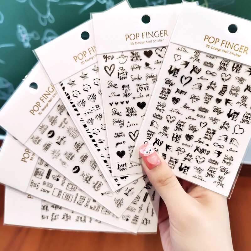 Nail Art Stickers Adhesive Nail Decals Black and White English Letters Abstract Heart Lip Print Cat Star Tan Jianci