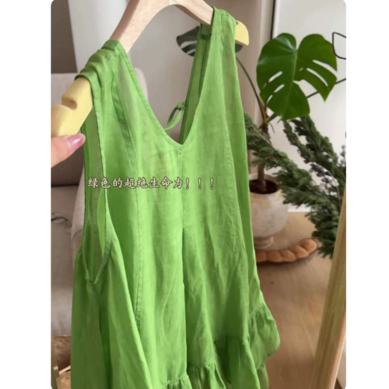 Highly Recommended~ French Linen Green Sleeveless Shirt for Women with a Backless Design and String Tie Vest with a V-Neck Highly Recommended~ French Linen Green Sleeveless Shirt for Women with a Backless Design and String Tie Vest with a V-Neck