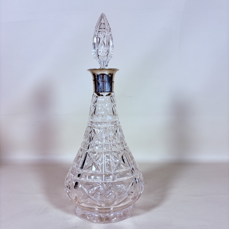 Antique Crystal Glass Wine Bottle with British Silverware and Silver Cap, 19Th-Century Western Antique Collectible, Home Decor, Real Shot