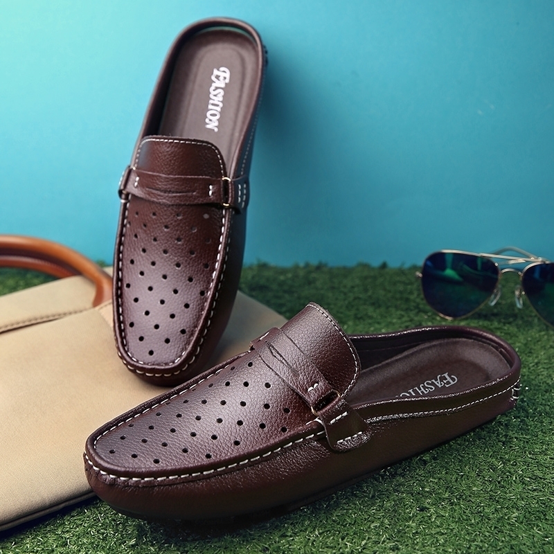 Semi-slipper male small leather shoes worn in real leather summers are hollow and breathable driving without heel sandals with Baotou