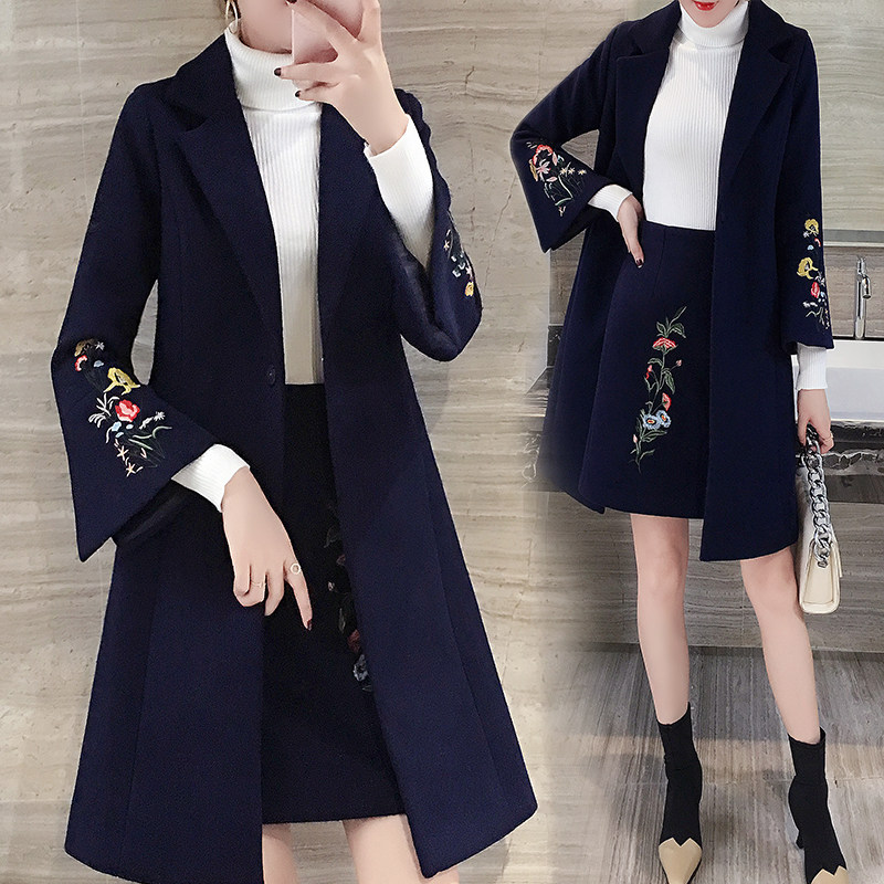 The Ocean Pie Fur Suit Dress Woman 2022 New Temperament Mid-Length Version Coat Plus Skirt Spring Autumn Season Two Sets