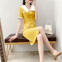 Yellow Dress children Summer 2022 new French crowdcrowdshort sleeves Career pack Hip Dress for waist display slim temperament